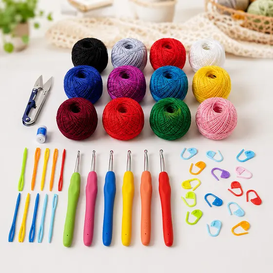 Kit Croche Completo 45 Peças Agulhas Soft Ergonômicas Linhas Algodão Coloridas Tesouras Acessórios