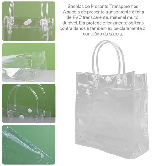 Sacola de PVC Cristal Transparente com Alça para Presente e Lembrancinha Embalagem Impermeável Resistente Kit 2/5/12 Uni