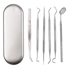 KIT HIGIENE ORAL 6 FERRAMENTAS EM AÇO INOX COM ESPELHO PINÇA E ESTOJO LIMPEZA DENTAL