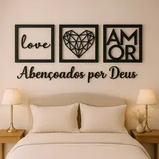 Kit 3 Quadros Love Coração Geométrico Amor + Frase Abençoados por Deus Decorativo Mdf