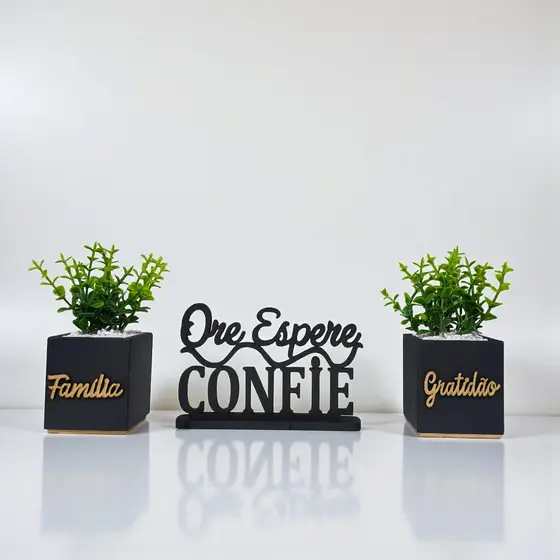 Kit Vasinhos + Letreiros Ore Espere Confie – Decoração Religiosa Casa Sala Presente Criativo