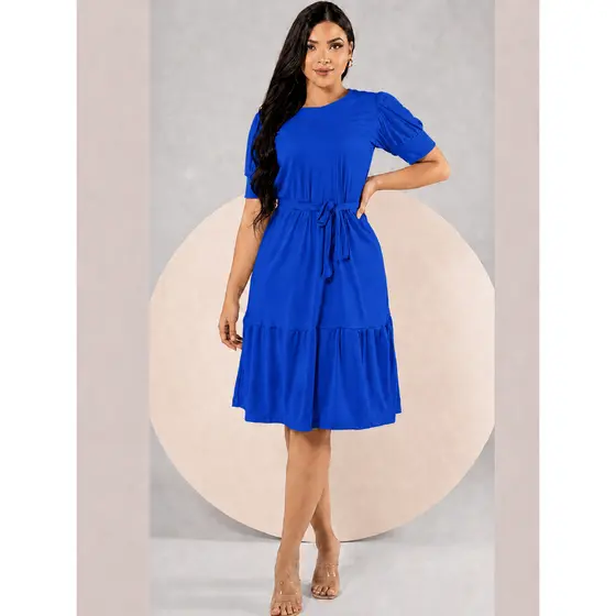 Vestido Para Moda Evangelica De Babado, Saia Rodada E Manga Bufante