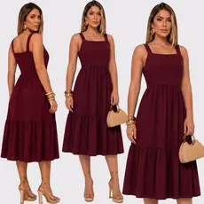 Vestido Mídi Alça Rodado Vestido Moda Cristã Feminino  Casual De Alça Liso