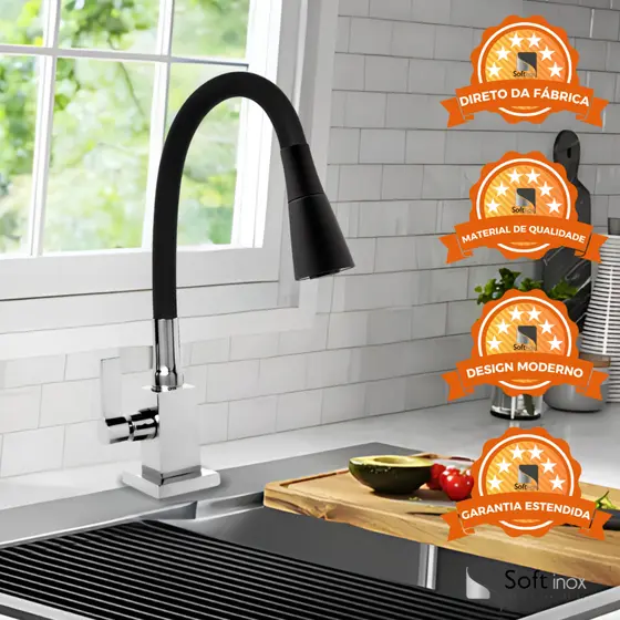 Torneira Cozinha Flexível Quadrada Bancada Cone Preto 2 Jatos em Metal
