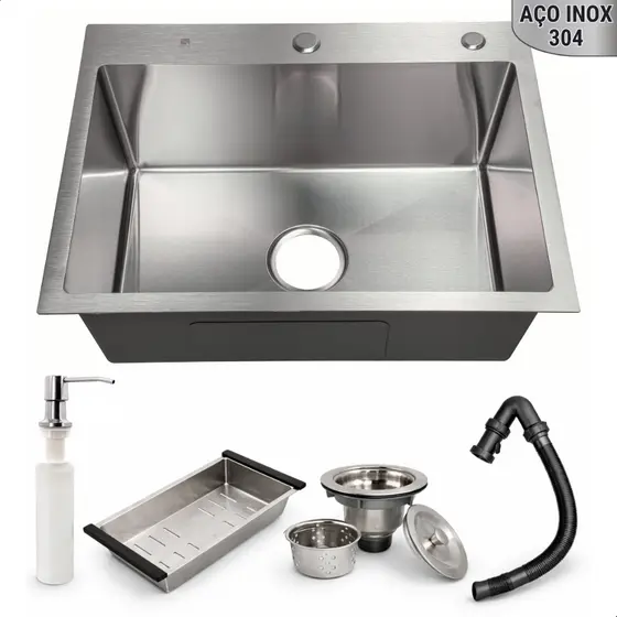 Cuba Aço Inoxidável 304 Pia Cozinha Gourmet Quadrada Escovada 60x45cm Com Acessórios Completa Luxo