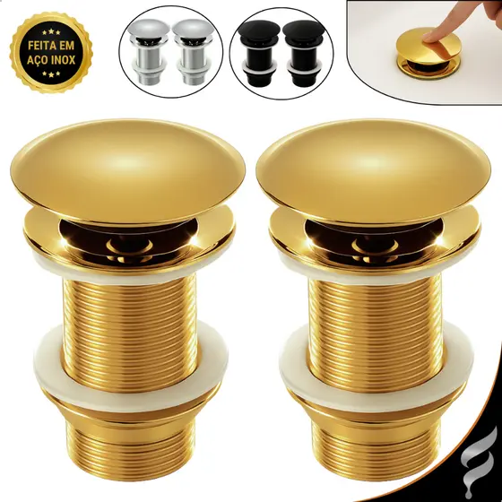 Kit 2 Válvulas Ralo Pia Click Inox Para Cuba Banheiro Lavatório 1.1/4 Luxo 4cm Dourada Inteligente