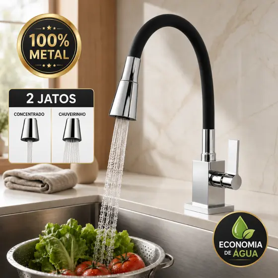 Torneira para Pia de Cozinha Gourmet Bancada Aço Inox 304 Mangueira Silicone Flexível Cone 2 Jatos