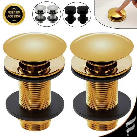 Kit 2 Válvulas Ralo Pia Click Inox Para Cuba Banheiro Lavatório 7/8 Luxo 3cm Dourada Inteligente