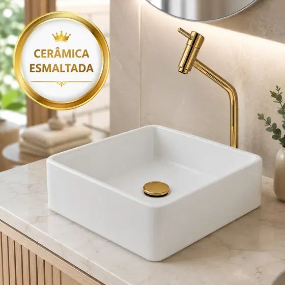 Kit Cuba para Banheiro Sobrepor Cerâmica Esmaltada Branca Torneira para Pia Banheiro Válvula Click