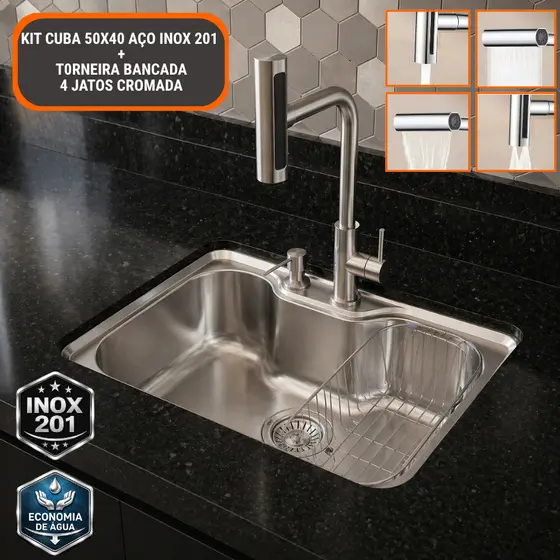 Cuba Aço Inox Cozinha Gourmet 50x40cm Kit Completo Torneira Bancada 4 Jatos Válvula Cesto Escovada