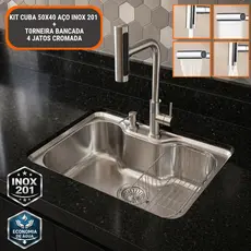 Cuba Aço Inox Cozinha Gourmet 50x40cm Kit Completo Torneira Bancada 4 Jatos Válvula Cesto Escovada