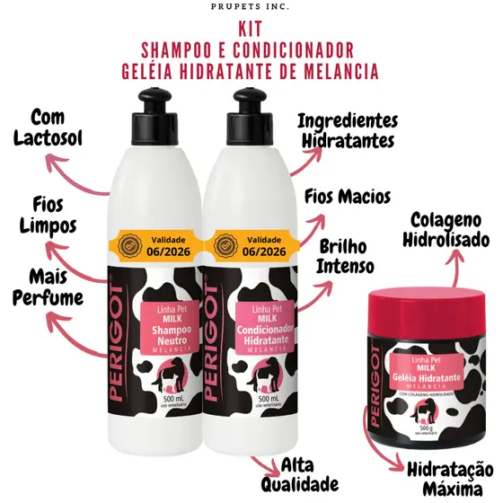 Kit Shampoo + Condicionador + Geléia Hidratante Melancia Pet Perigot 500ml