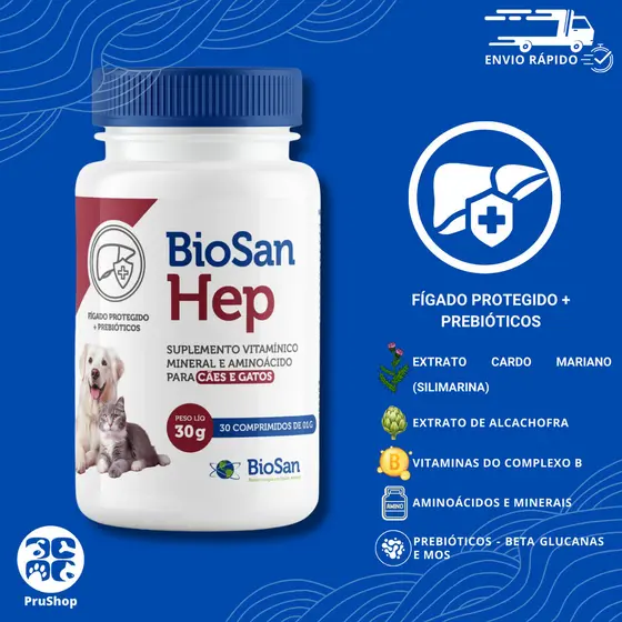 Suplemento BioSan Hep 30 Comprimidos Hpatico Hepatic Figado Cães Gatos