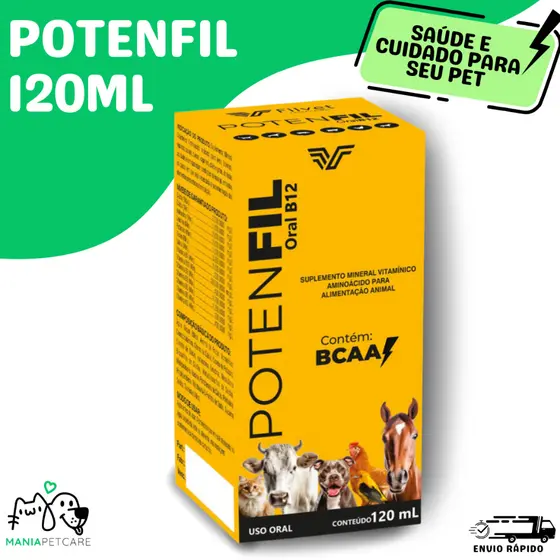 Potenfil Oral B12 com BCAA FilVet Suplemento Vitaminico Vitamina Para Cães e Gatos 120ml
