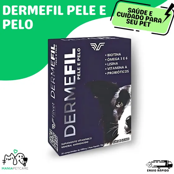 Pelo e Derme Dermefil FilVet Suplemento Vitaminico Vitamina para Cães e Gatos 30 Comprimidos