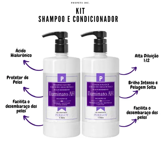 Kit Shampoo e Condicionador Ácido Hialurônico Delux Iluminato 1l Para Pet Perigot