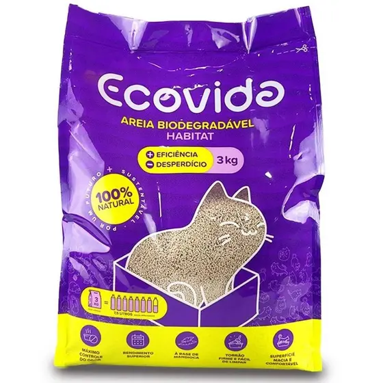 Areia para Gatos Ecovida Biodegradável Extrato de Mandioca 3KG