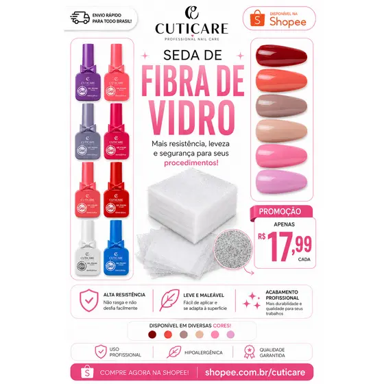 Kit Cuticare Esmalte em Gel + Seda de Fibra de Vidro para Alongamento de Unhas