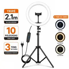 Ring light iluminador potente com 26CM led suporte para celular tripé 2.1 metros
