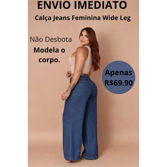 Calça Jeans Feminina Wide Leg Escura Cintura alta Levanta Bumbum alta qualidade