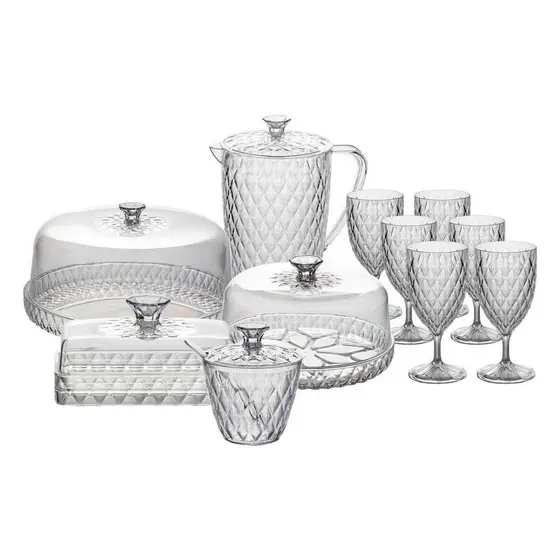 Kit Mesa Posta Glamour com 11 Itens Café da Manhã Jarra Queijeira Manteigueira Açucareiro Boleira