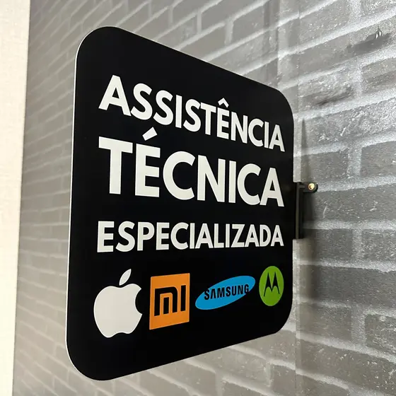 Placa Dupla Face Uso Externo - Assistência Especializada Conserto Celular 30x30cm