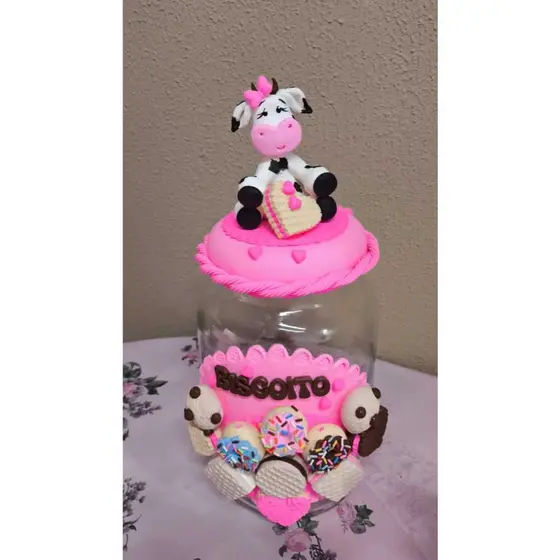 Pote de Biscoitos Bichinhos da Fazenda Vaquinha Decorado em Biscuit Cantinho do Café