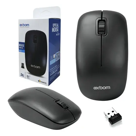 Mouse Wireless Exbom MS-S22 2.4GHz USB Sem Fio 1200 DPI Para PC e Notebook Preto