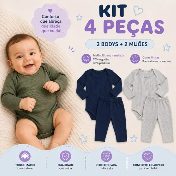 Kit Body e mijão com 4 peças para bebê 2 Body + 2 mijao menina ou menino