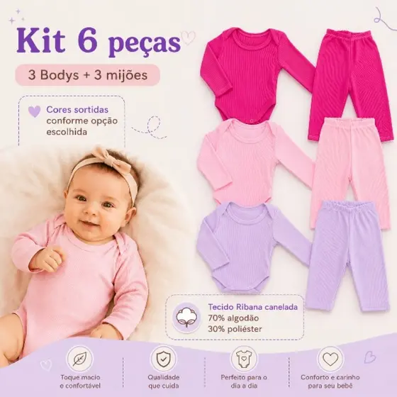 Kit 6 Peças - 3 Mijão E 3 Body Manga Longa Liso Infantil Para Bebês maternidade
