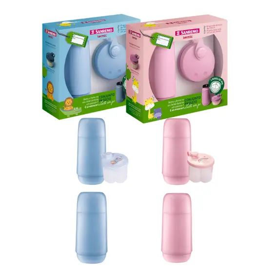 Conjunto Garrafa Térmica Infantil + Pote Dosador Com Divisórias Kit Passeio Sanremo Kit Presente