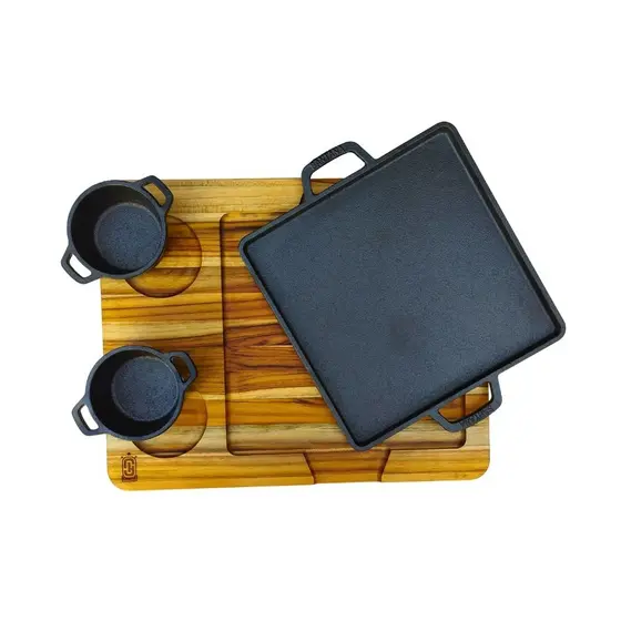 Kit Chapa e Cumbuca de Ferro Fundido Carne Petisco Porção Molheira Tábua Churrasco Madeira Conjunto