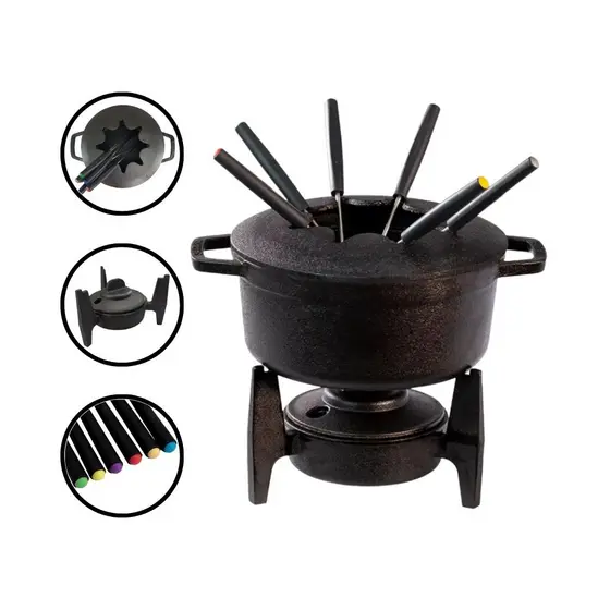 Fondue de Ferro Fundido Panela Aparelho Queijo e Chocolate Completo Com Fogareiro