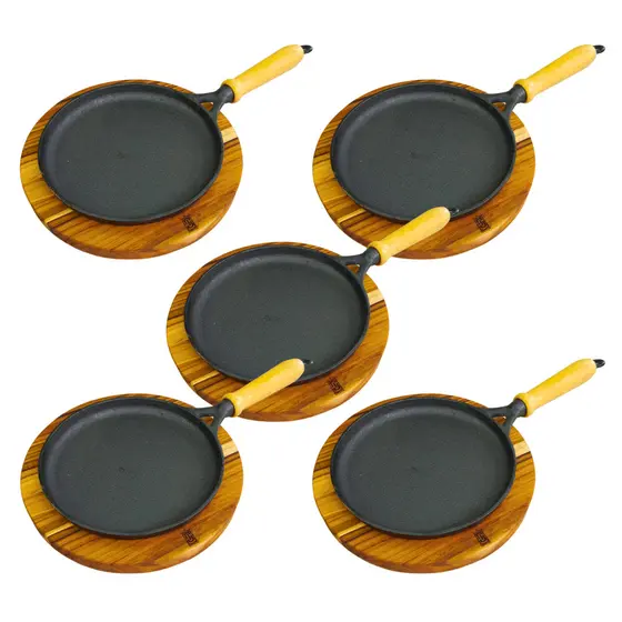 Frigideira Tapioqueira Ferro Fundido Com Suporte Madeira Kit Conjunto 5 Unidades Crepeira Panqueca