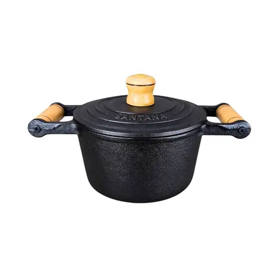 Caçarola Com Tampa De Ferro Fundido Panela 1 Litro Rústica Com Alça De Madeira