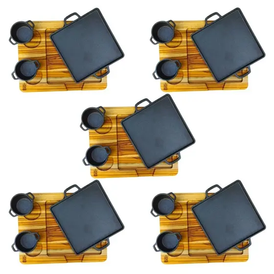 Kit 5 Chapa e Cumbuca Ferro Fundido Carne Petisco Porção Molheira Tábua Churrasco Madeira Conjunto