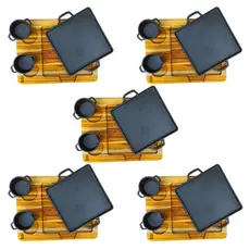 Kit 5 Chapa e Cumbuca Ferro Fundido Carne Petisco Porção Molheira Tábua Churrasco Madeira Conjunto
