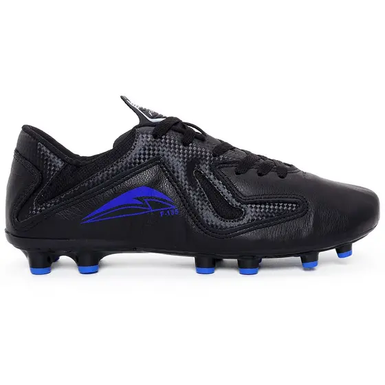 Chuteira Couro Legitimo Campo Gramado Trava Preto Azul Royal Sola Colada Costurada resistente