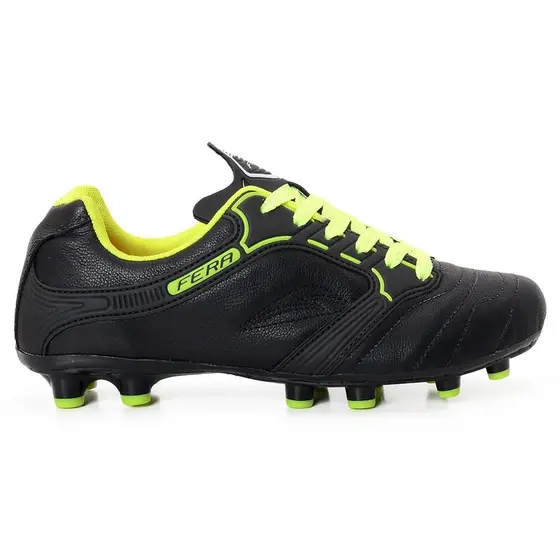Chuteira Couro Legitimo Campo Gramado Trava Preto Amarelo Limão Sola Colada Costurada resistente