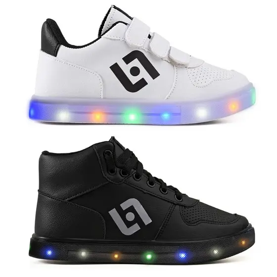Kit 2 Tênis Infantil Com Led Casual Escolar Meninos Basico Street Jogger Preto Branco Light