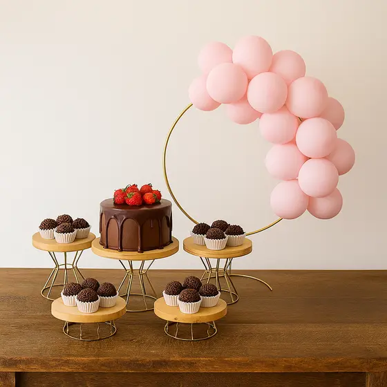 kit Decorativo Arco De Mesa Dourado + Boleira e Doceiras com 5 peças Decoração Festas Eventos