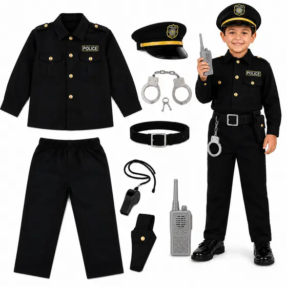 Fantasia Polícia Infantil Completa Manga Longa – Kit Policial com Quepe, Algemas, Rádio, Cinto e Acessórios