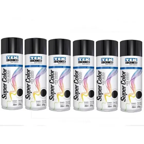 Kit 6 Tintas Spray Preto Brilhante 350ml - Tekbond