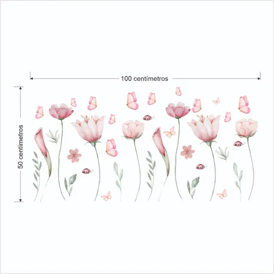 Adesivo De Parede Em Recorte Floral Flores Raminhos Jardim Borboletas Rosa Quarto