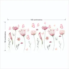 Adesivo De Parede Em Recorte Sem Fundo Flores Raminhos Jardim Borboletas Rosa