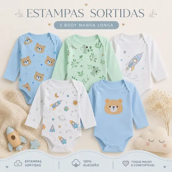 Kit Roupa De Bebê 5 Peças Body Estampado Manga Longa Algodão