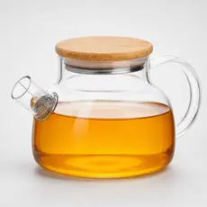 Chaleira De Vidro Borossilicato Para Fogão Com Filtro Inox E Tampa De Bambu 1L - Jarra Café Chá, Bule Elegante