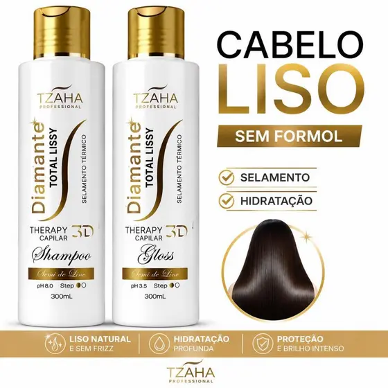 Escova Progressiva Diamante 3D Sem Formol Total Lissy 300Ml Shampoo e Glos Alisamento