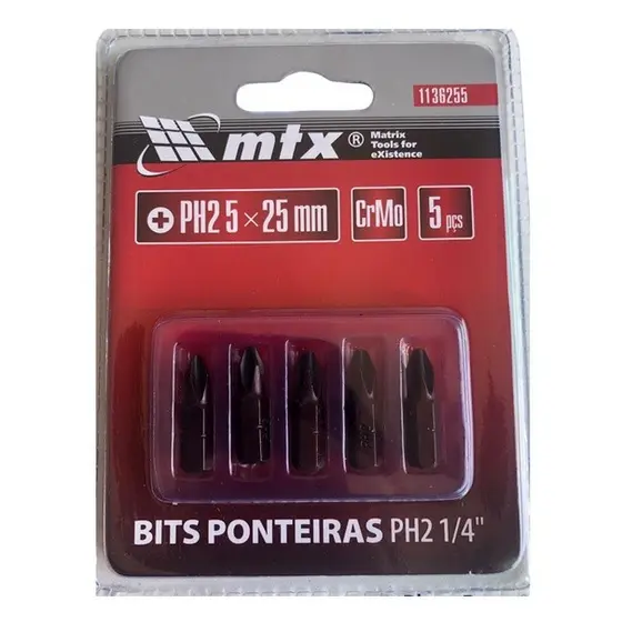 BITS PH2 1/4 5 X 25 MM, ACO CRV, 5 PECAS // MTX