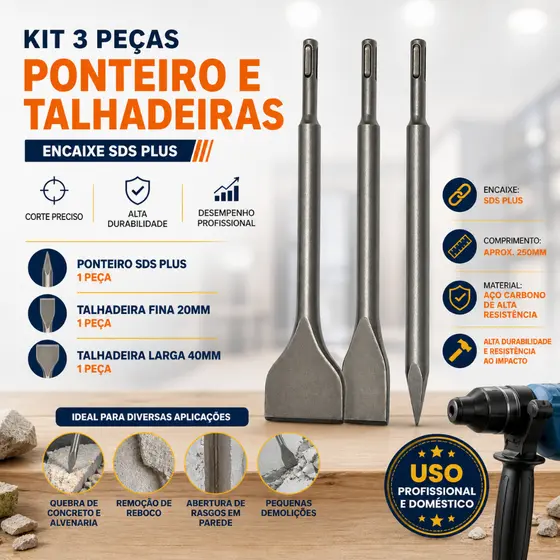 Kit Talhadeira E Ponteiro SDS Plus Martelete 3 Peças Profissional Concreto Cinzel